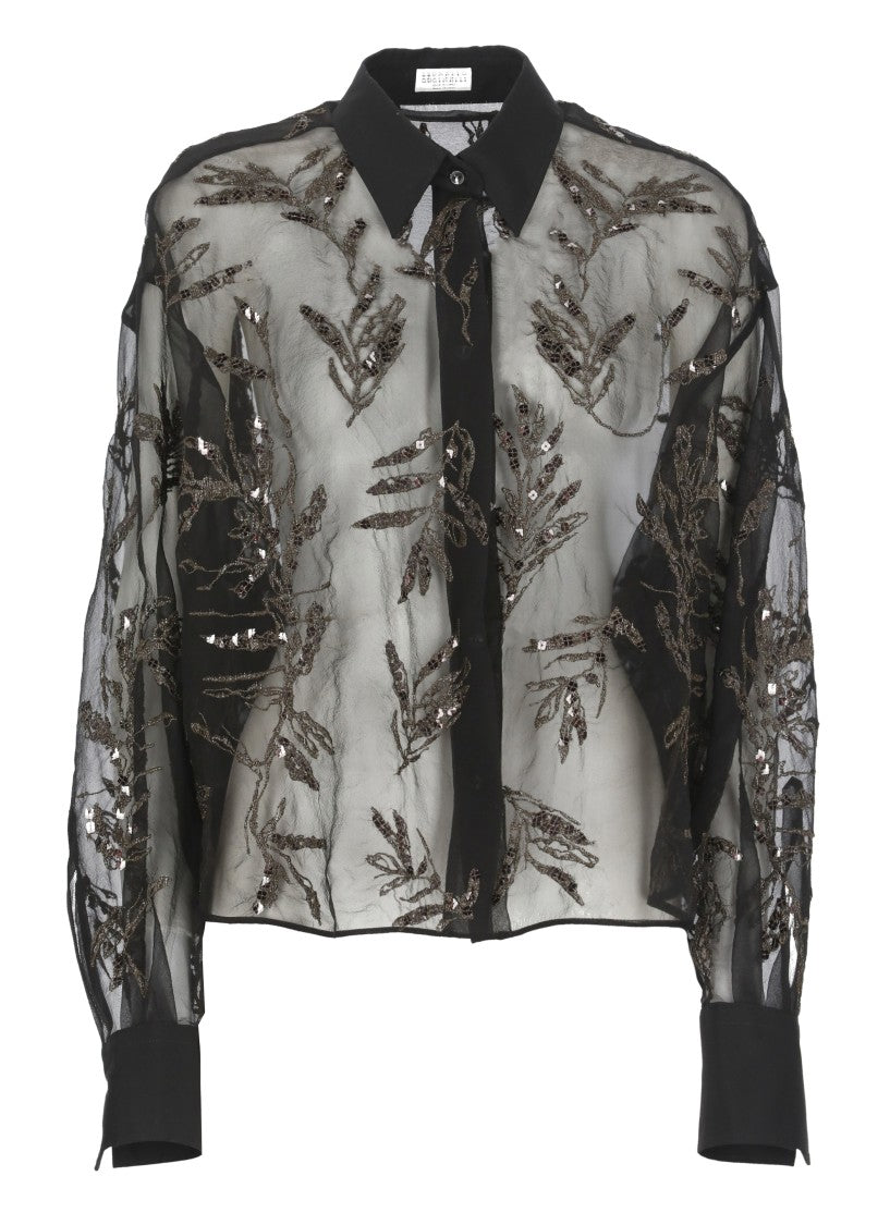 Brunello Cucinelli Black Silk Shirt With Floral Embroidery