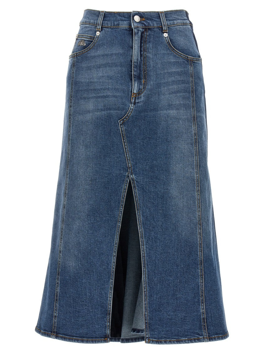 Mcqueen Half-Wheel Midi Denim Skirt With Front Split