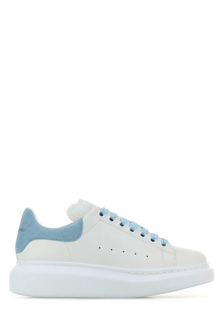 Alexander Mcqueen White Leather Sneakers With Pastel Light Blue Suede Heel