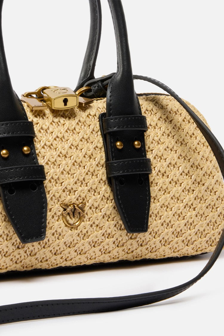 Pinko Beige Escape Raffia-Effect Leather Handles Polyethylene Tote Bag