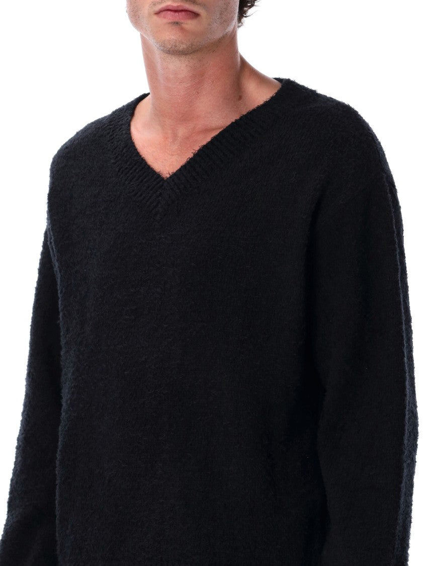 Mfpen Fuzzy Black V-Neck Organic Cotton Sweater