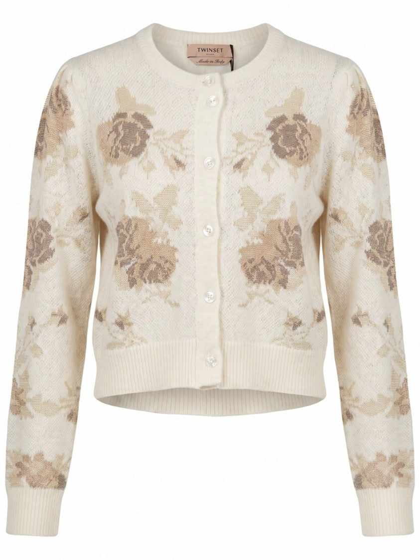 Twin-Set Cropped Knit Cardigan With Floral Pattern And Fitted Finish