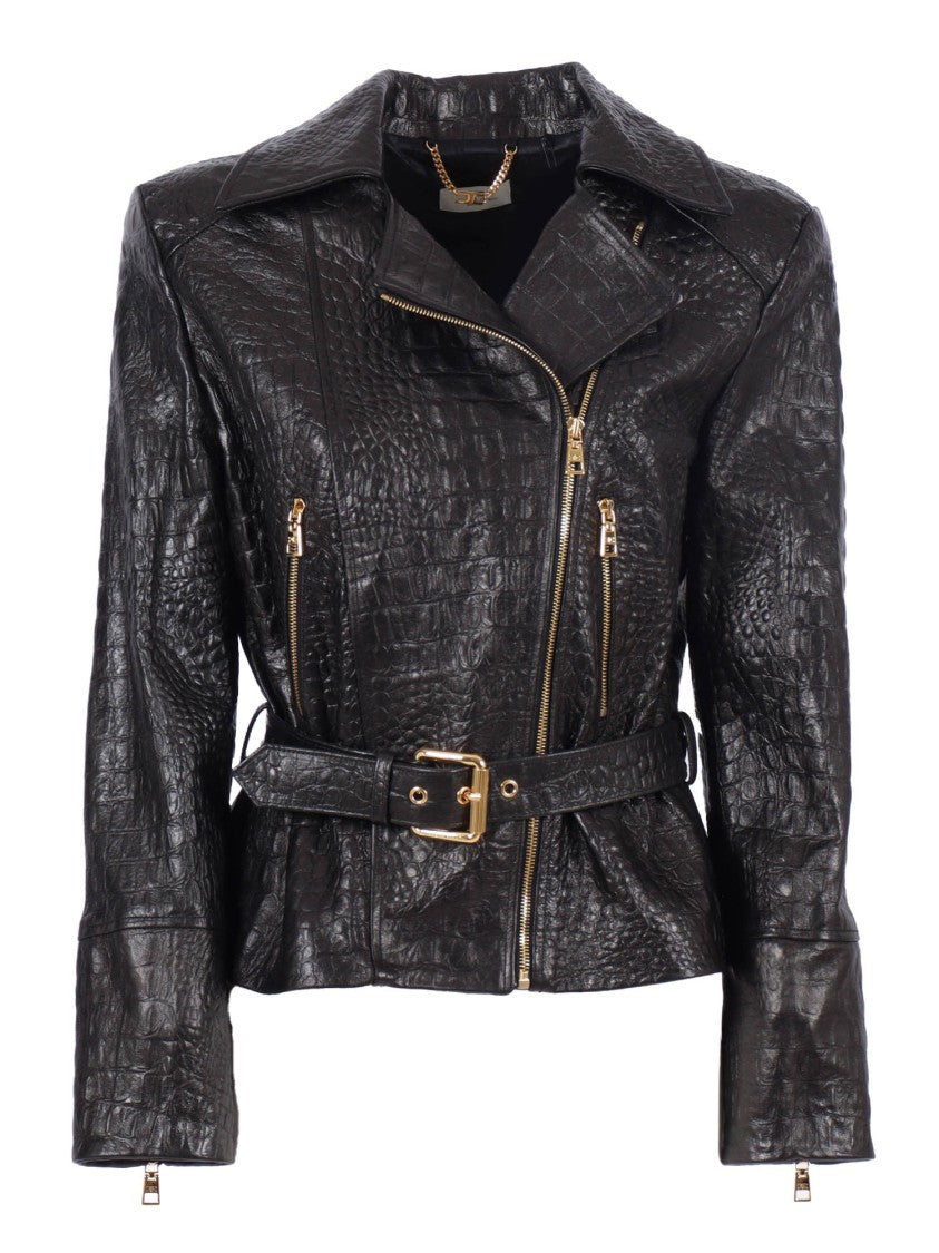Elisabetta Franchi Textured Sheepskin Leather Jacket With Asymmetrical Zipper