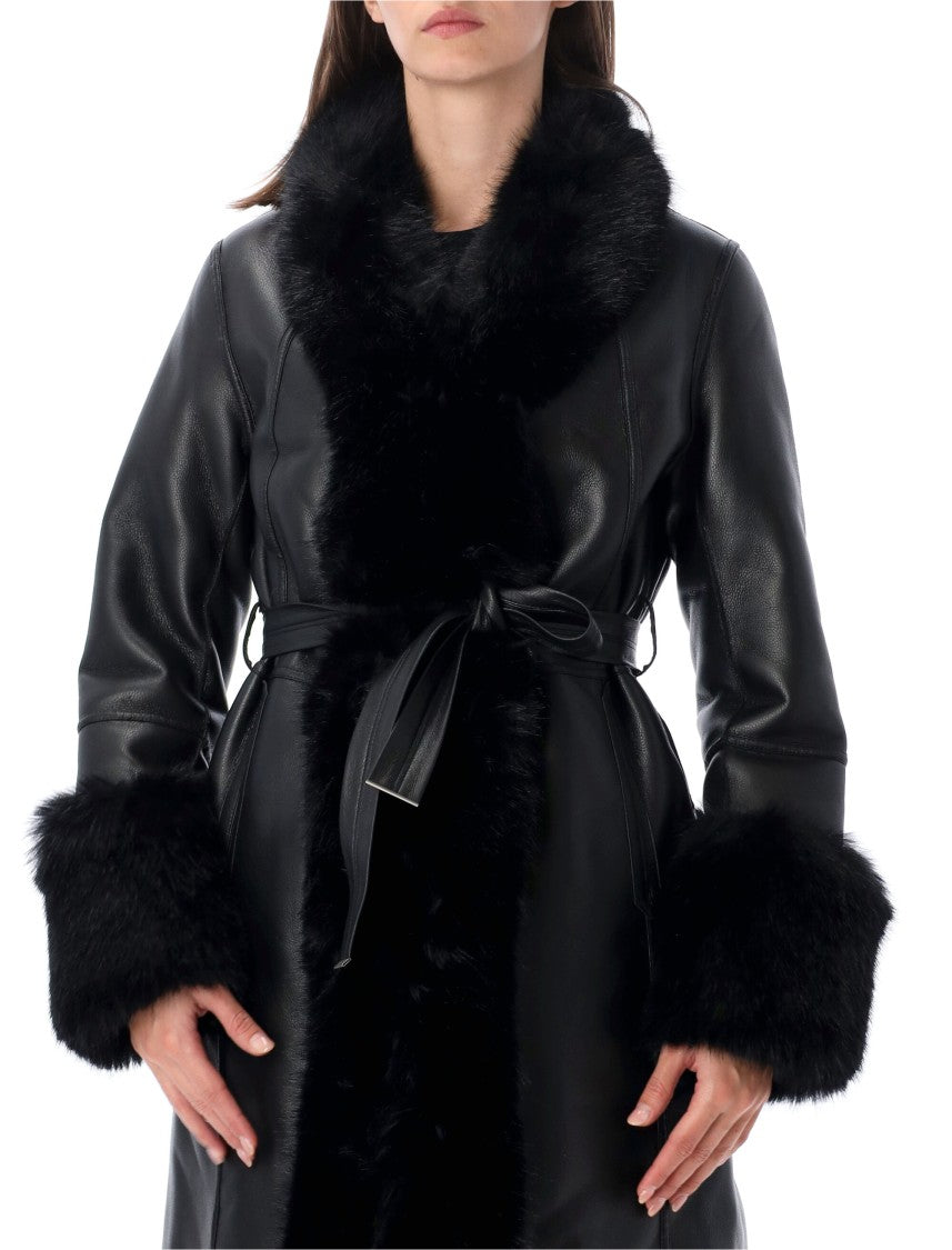 Urbancode Reversible Leather Plush Fur Trim Long Coat