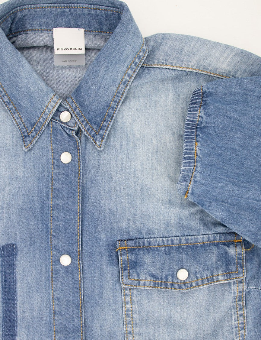 Pinko Gradient Wash Denim Shirt With Puff Sleeves