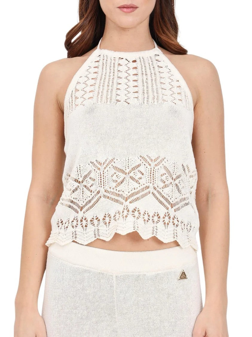 Akep White Openwork Tricot Linen-Cotton Tank Top