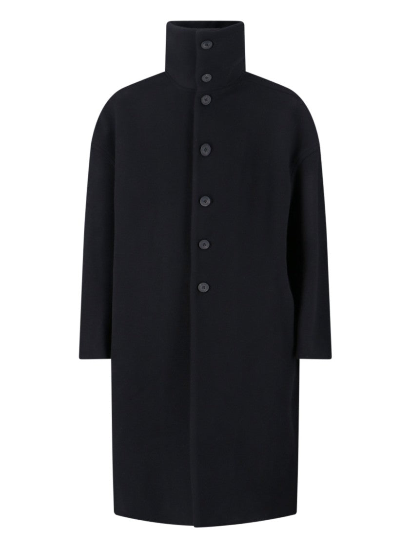 Rick Owens Minimalist Black Jacket With High Stand Collar And Boxy Silhouette