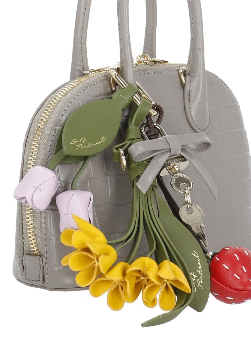Self-Portrait Structured Crocodile-Embossed Grey Handbag With Decorative Charms
