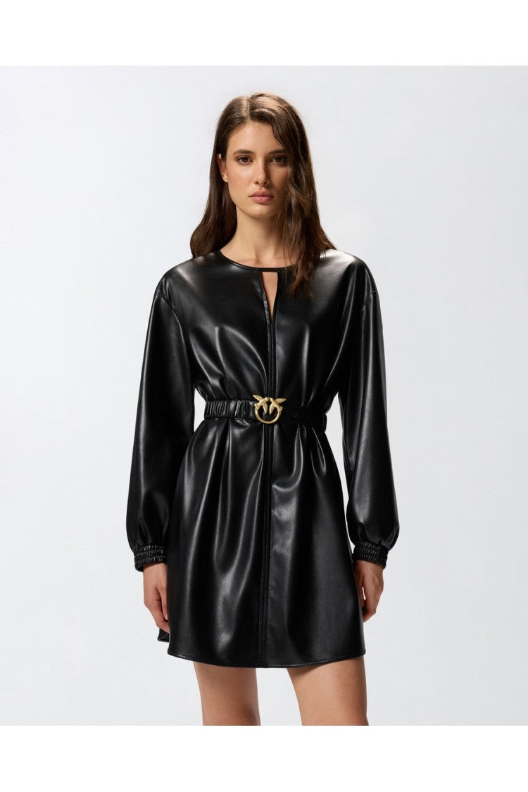 Pinko Black Keyhole Love-Bird Buckle Faux Leather Mini Dress