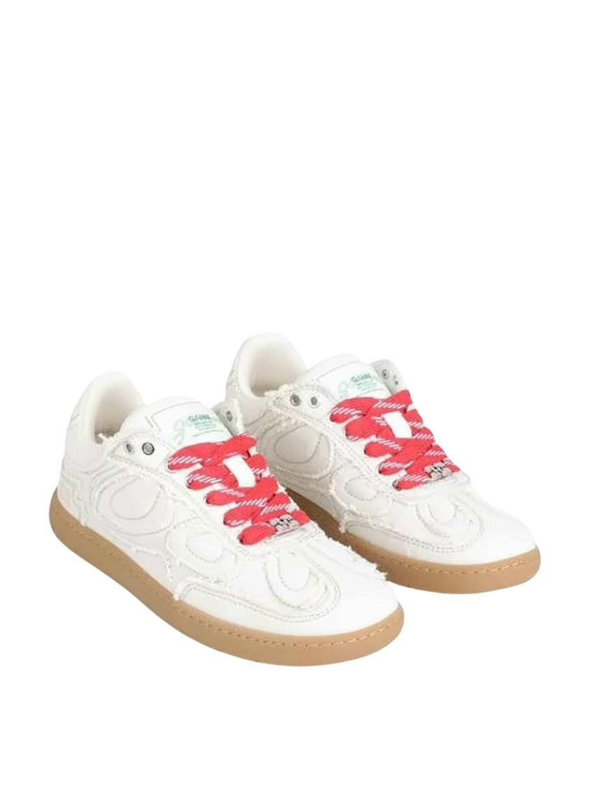 Ganni Textured White Sneakers With Red Laces