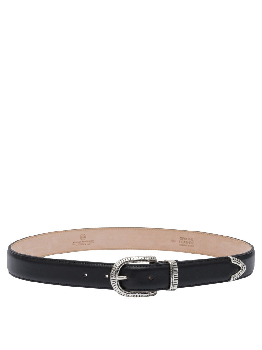 Adriano Meneghetti Polished Silver Buckle Black Leather Belt