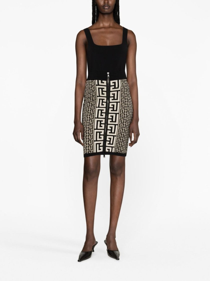 Balmain Neutral Monogram Knit Geometric Wool Skirt