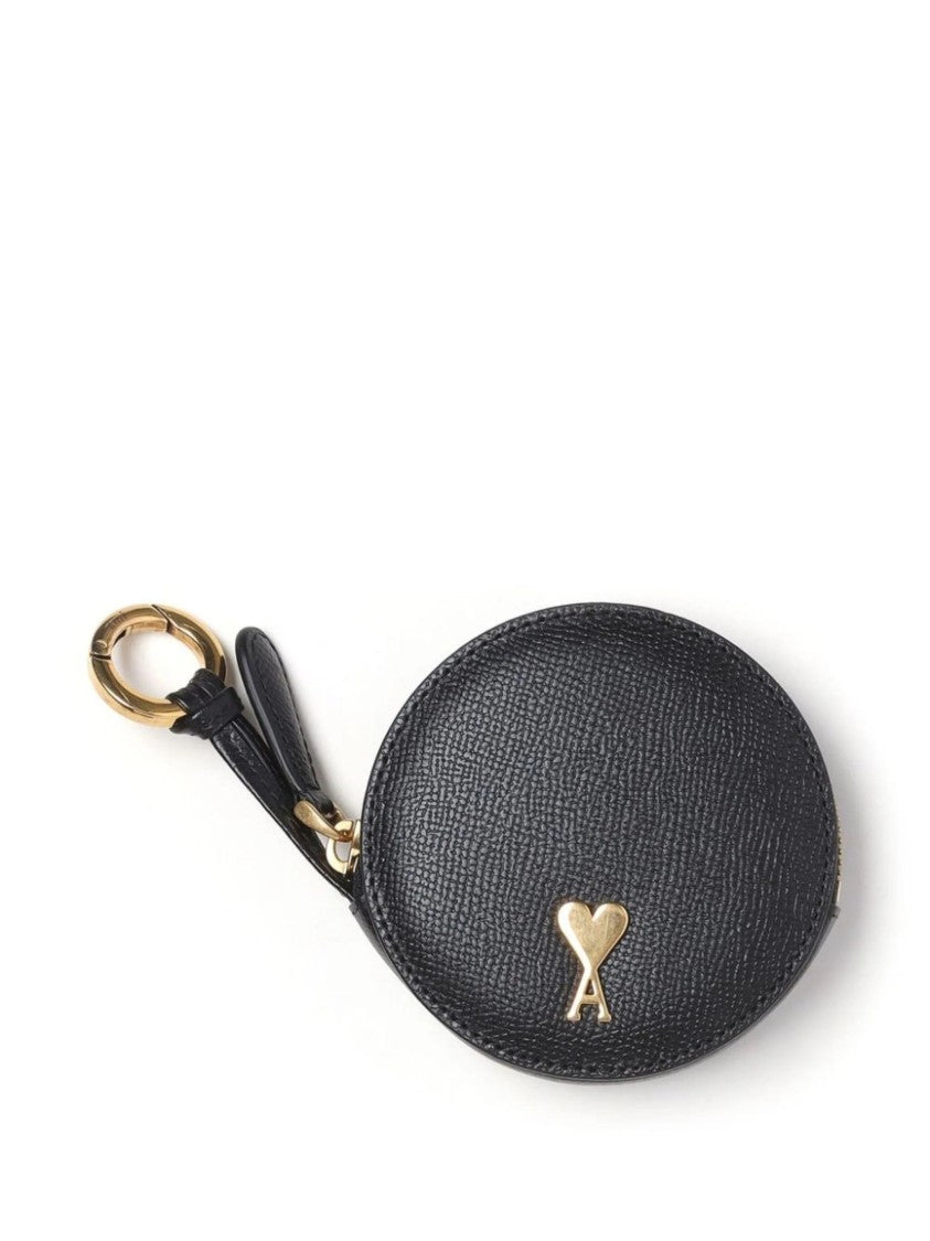 Ami Round Black Leather Wallet With Gold-Tone Keyring