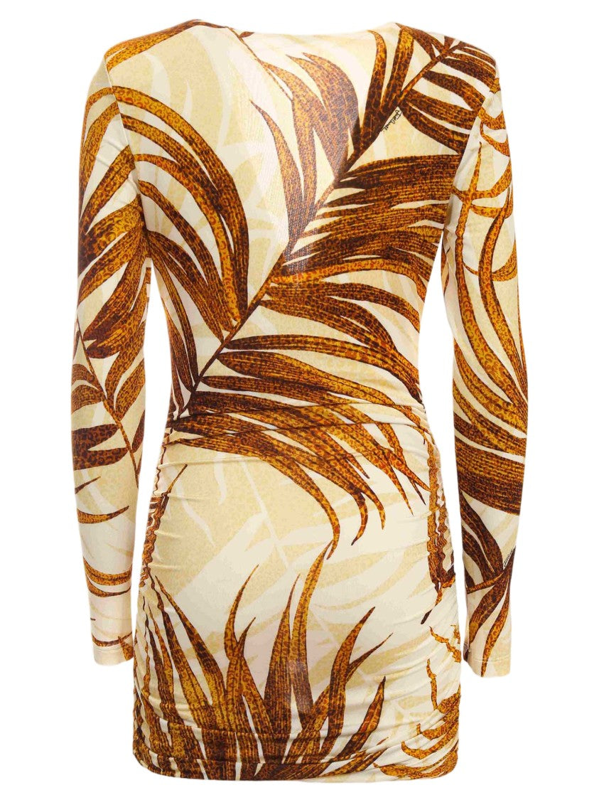 Just Cavalli Tropical Print Fitted Stretch Viscose Dress With Curved Hem