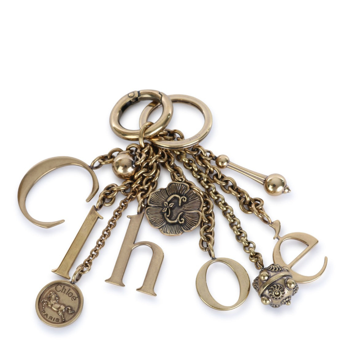 Chloé Golden Brown Brass Keychain With Charms And Carabiner Closure
