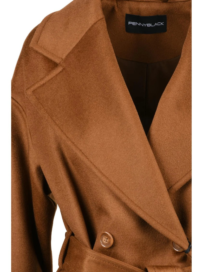 Pennyblack Brown Wool Belted Double-Breasted Long Coat