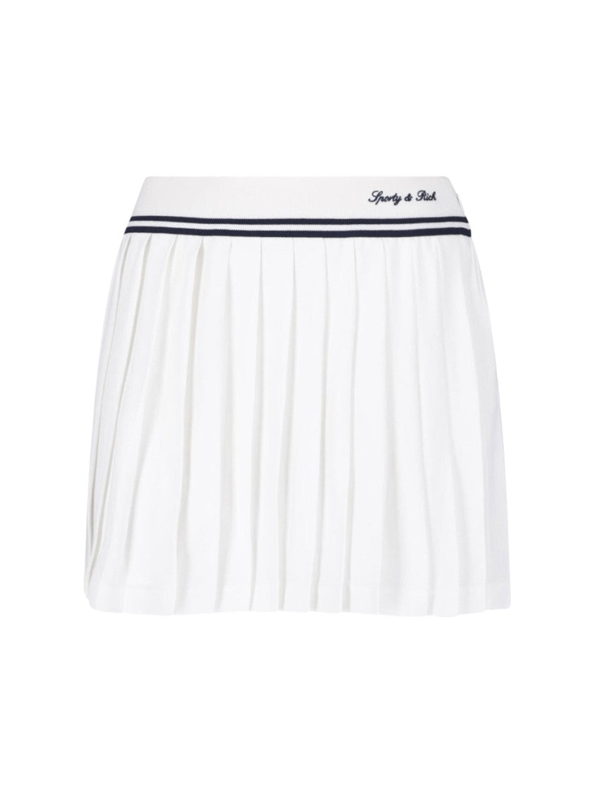 Sporty And Rich Pleated White Mini Skirt With Navy Detail
