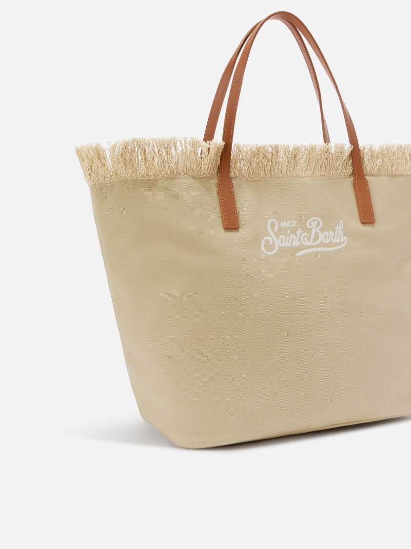 Mc2 Saint Barth Fringed Beige Canvas Tote Bag With Leather Accents