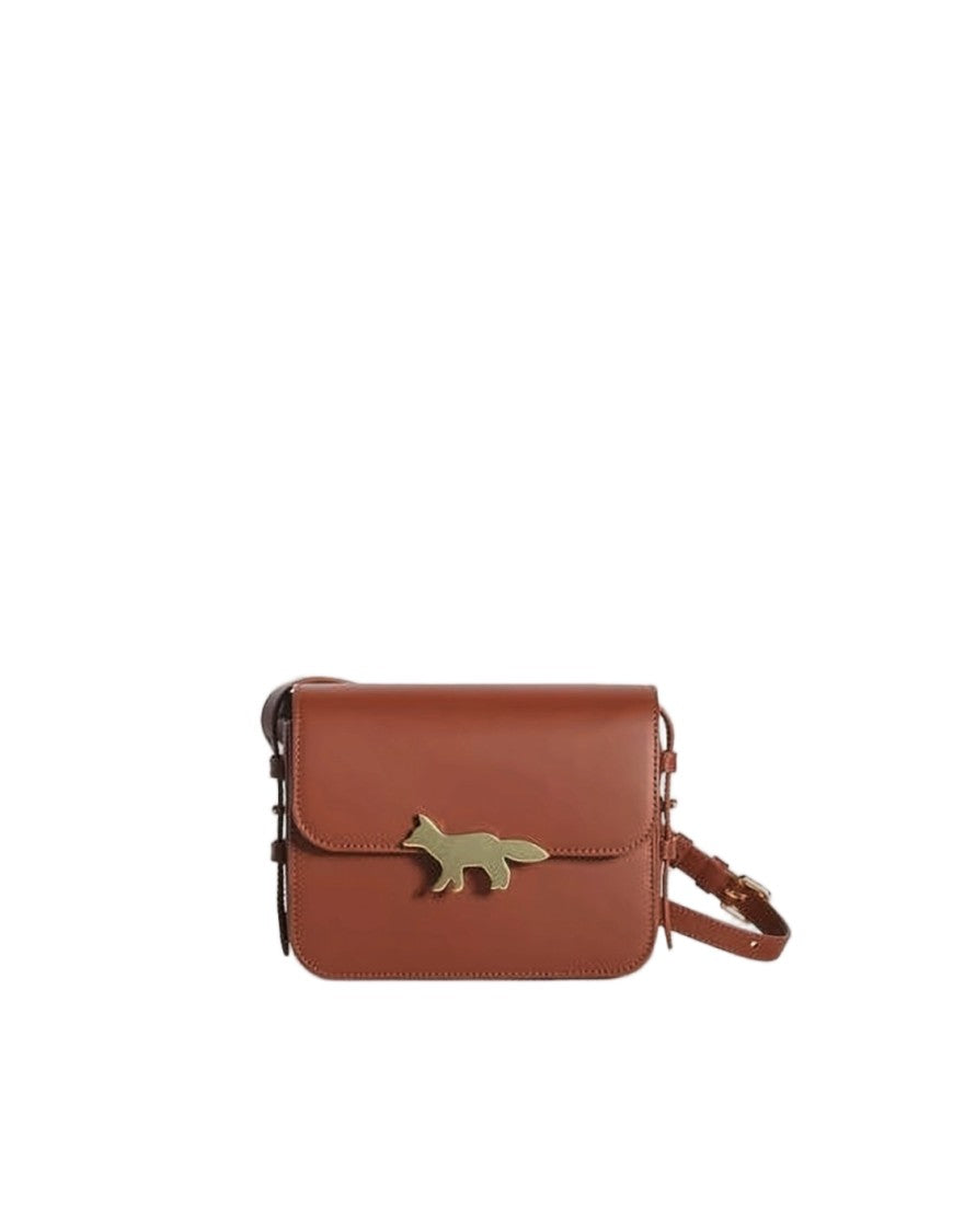 Maison Kitsuné Structured Brown Cow Leather Shoulder Bag With Emblem Closure