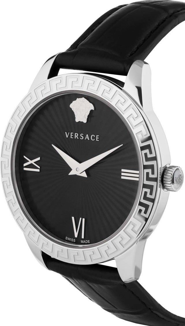 Versace Greca Signature Analog Watch With Swiss Movement And Black Leather Strap