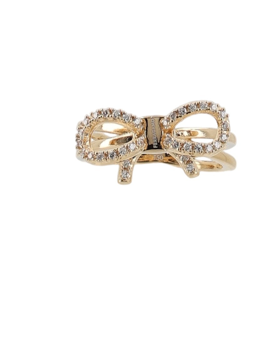 Ferragamo Bow-Shaped Glass Gold-Tone Brass Ring