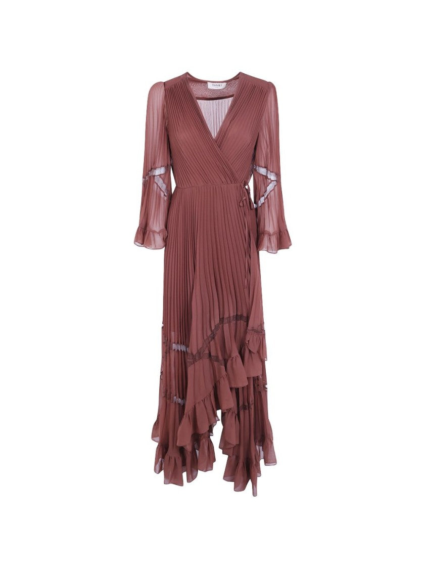 Twin-Set Pleated Wrap Sheer Sleeves Ruffle Hemline Midi Dress