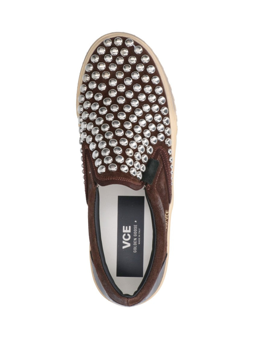 Golden Goose Dark Brown Slip-On Sneakers With Silver-Studded Design