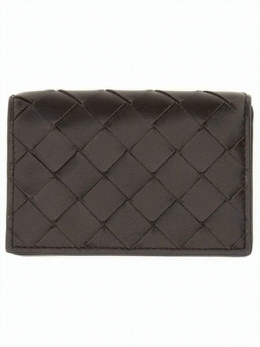 Bottega Veneta Intrecciato Black Card Case With Gold-Tone Closure