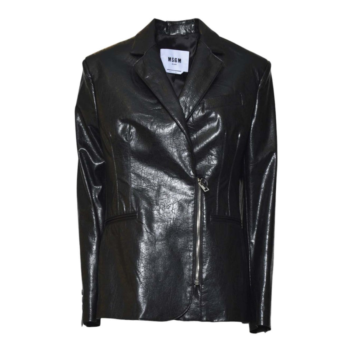 Msgm Tailored Black Jacket With Asymmetrical Zipper And Crinkled Texture
