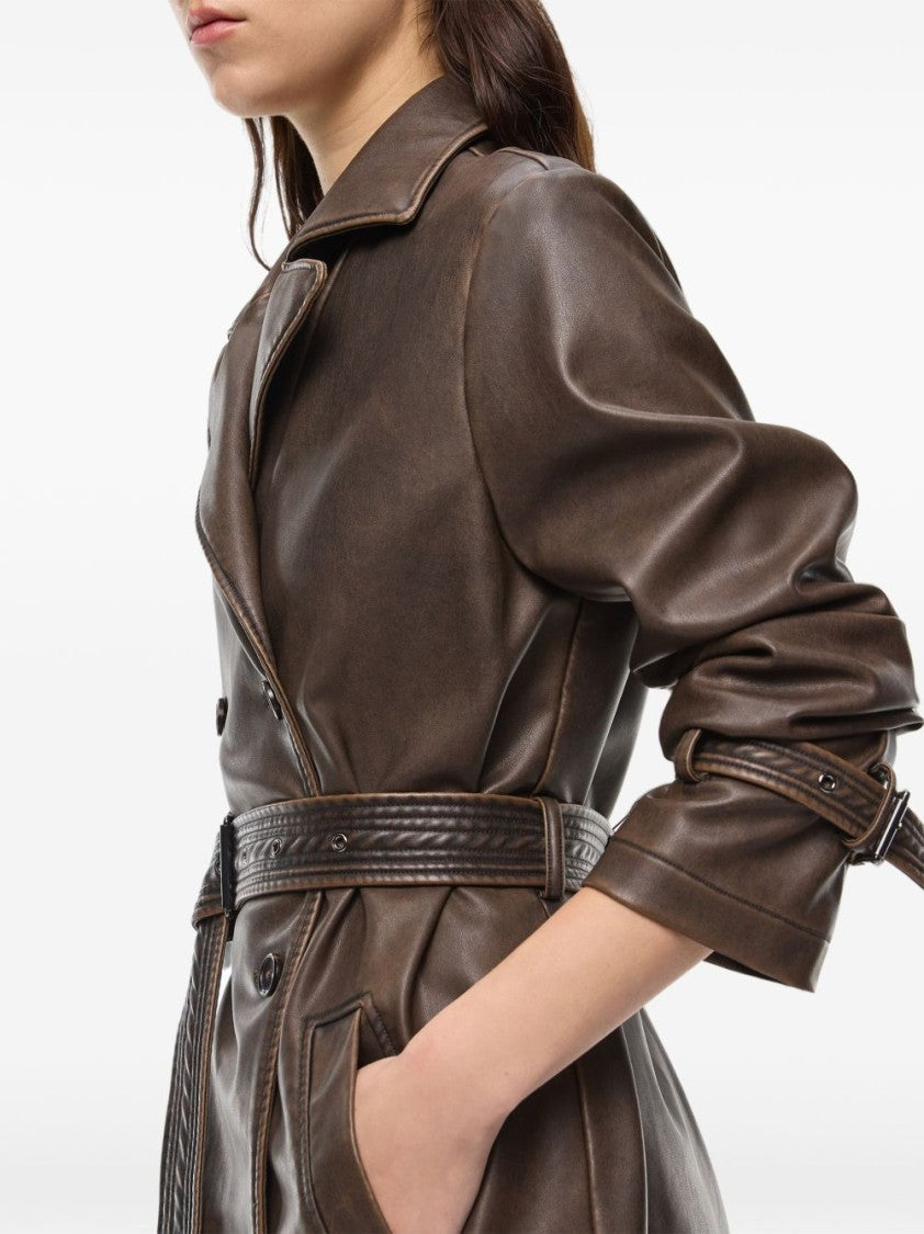 Pinko Dark Brown Knee-Length Double-Breasted Faux Leather Jacket