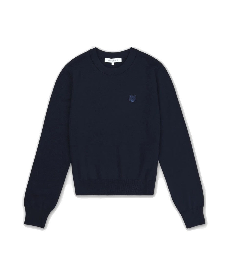 Maison Kitsuné Long-Sleeve Black Wool Sweater With Embroidered Detail