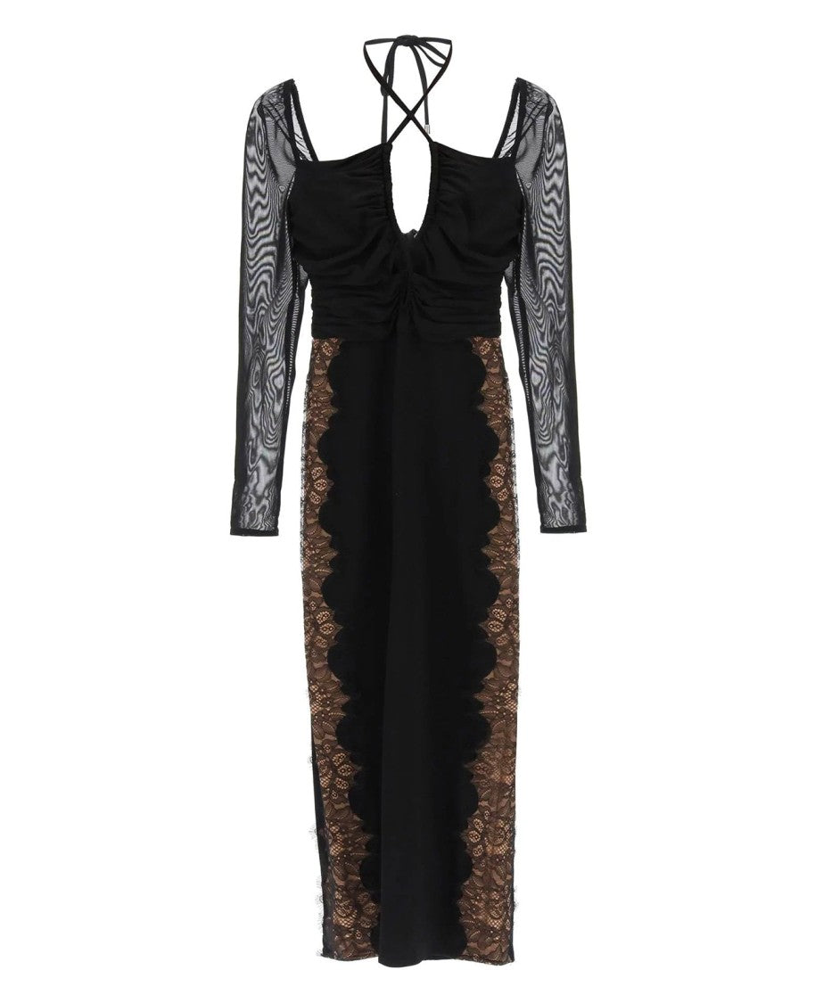 Self-Portrait Lace Trim Midi Dress With Sheer Sleeves