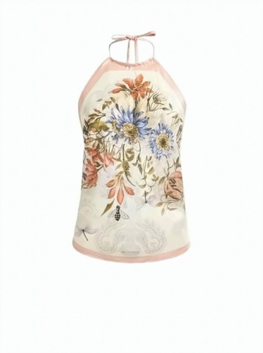 Etro Ivory Silk Halter Top With Floral Print