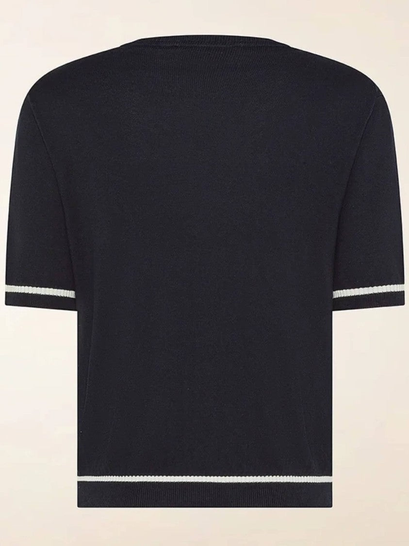 Cruna Dark Cropped V-Neck Contrasting Stripe T-Shirt