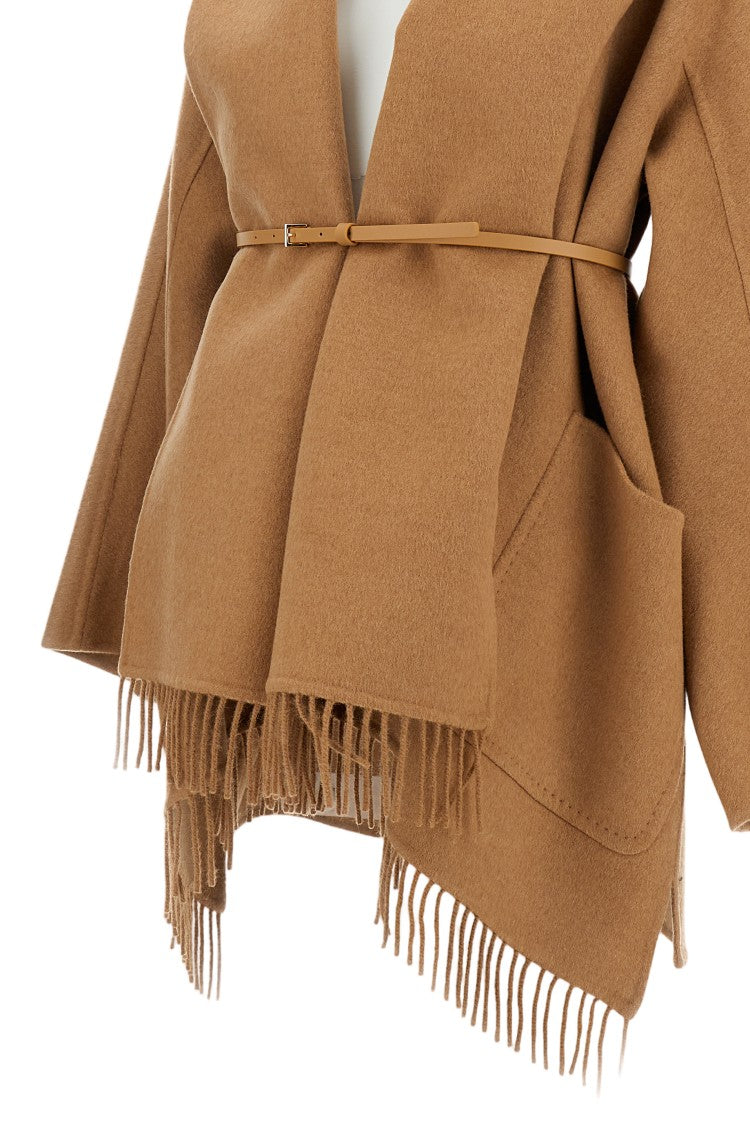 Max Mara Short Camel Hair Cardigan Coat With Fringed Hem