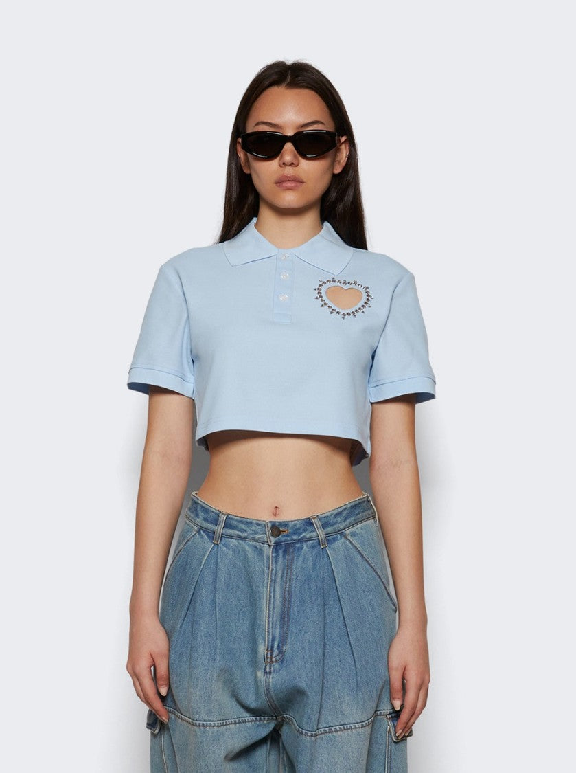 Area Crystal Heart Cut Out Cropped Polo Baby Blue
