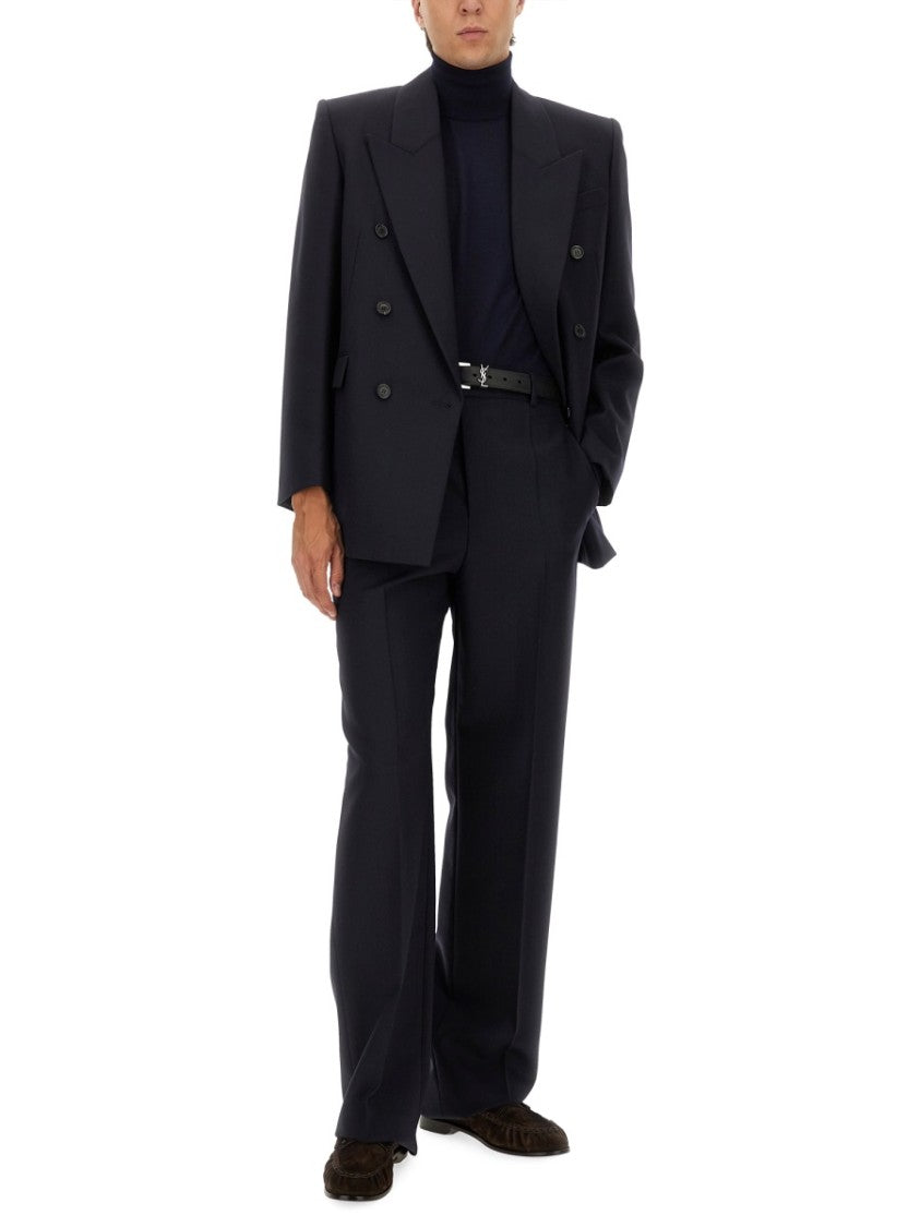 Saint Laurent Deep Navy Cashmere-Wool-Silk Blend Fitted Turtleneck Pullover