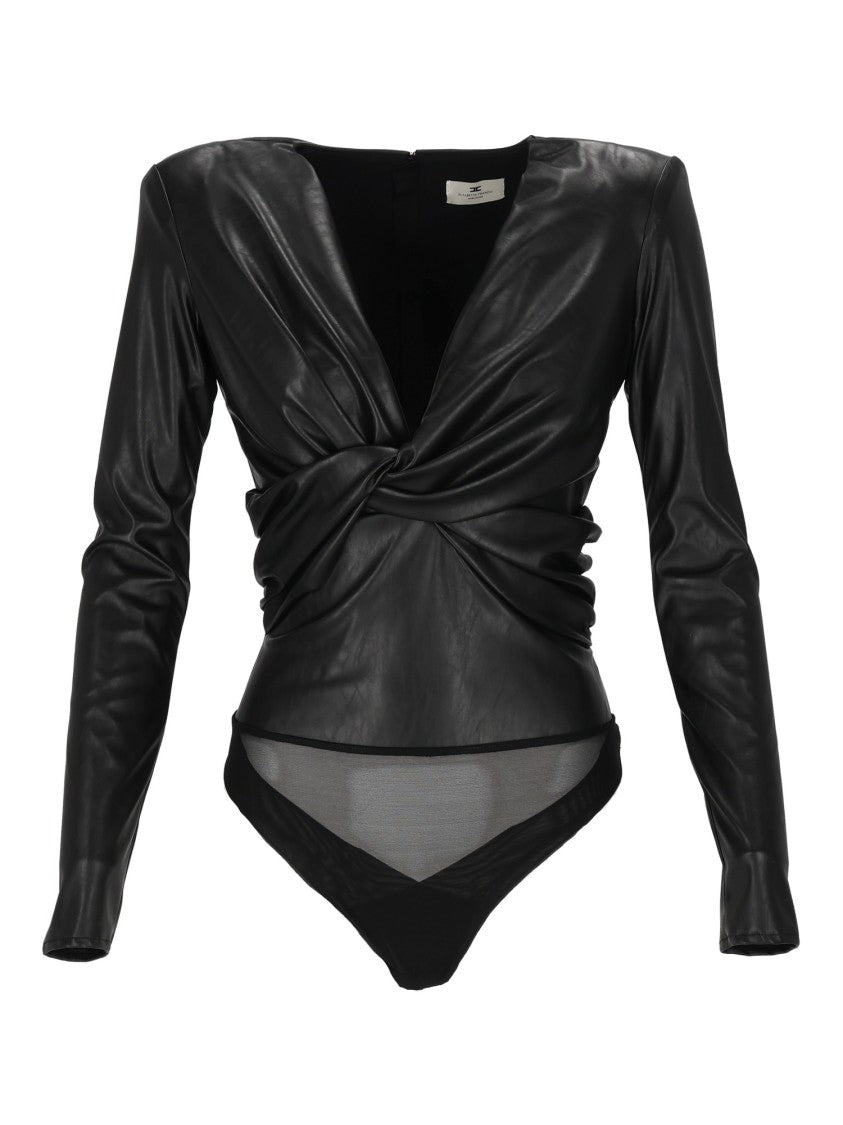 Elisabetta Franchi Faux Leather Bodysuit With Twisted Knot Detail