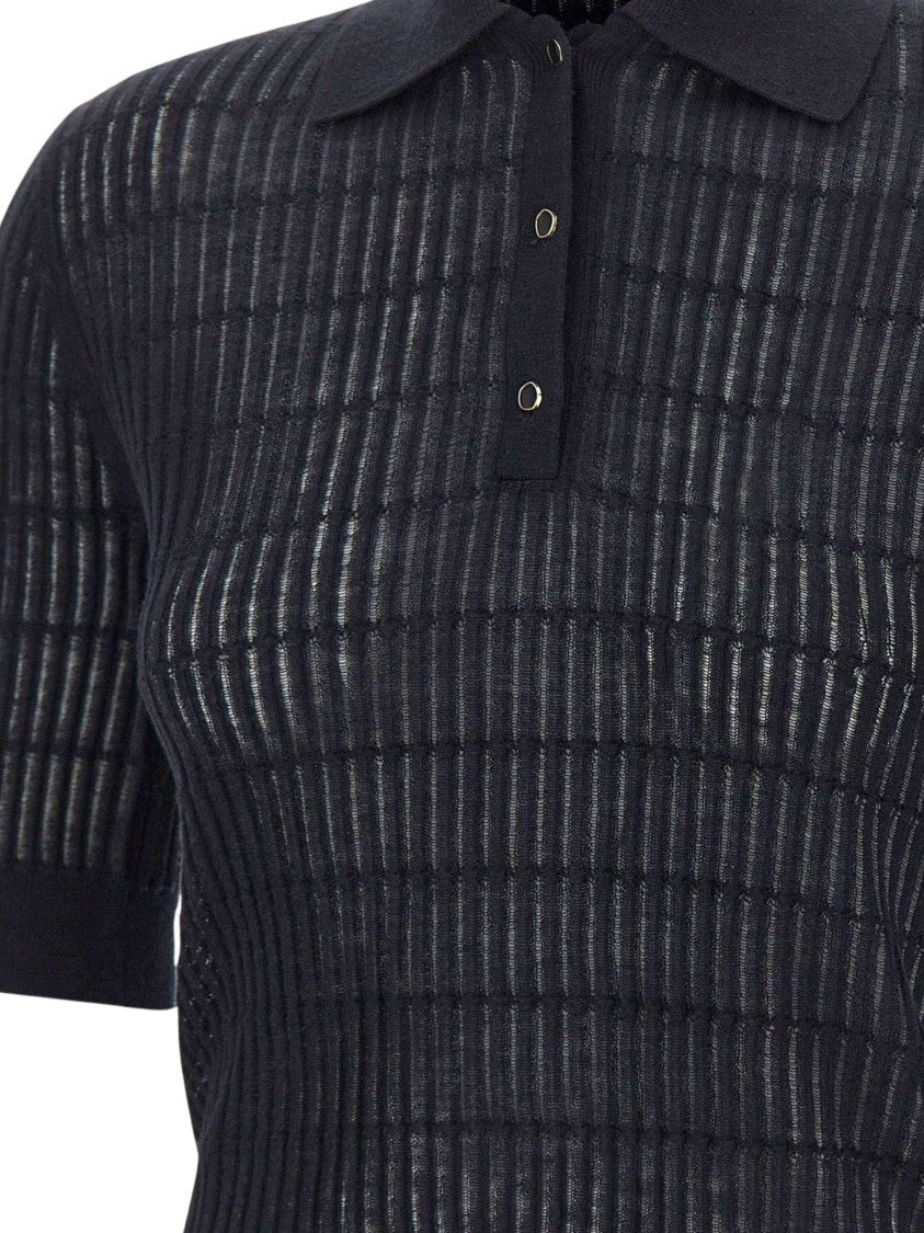 Max Mara Blue Ribbed Semi Sheer Polo Shirt