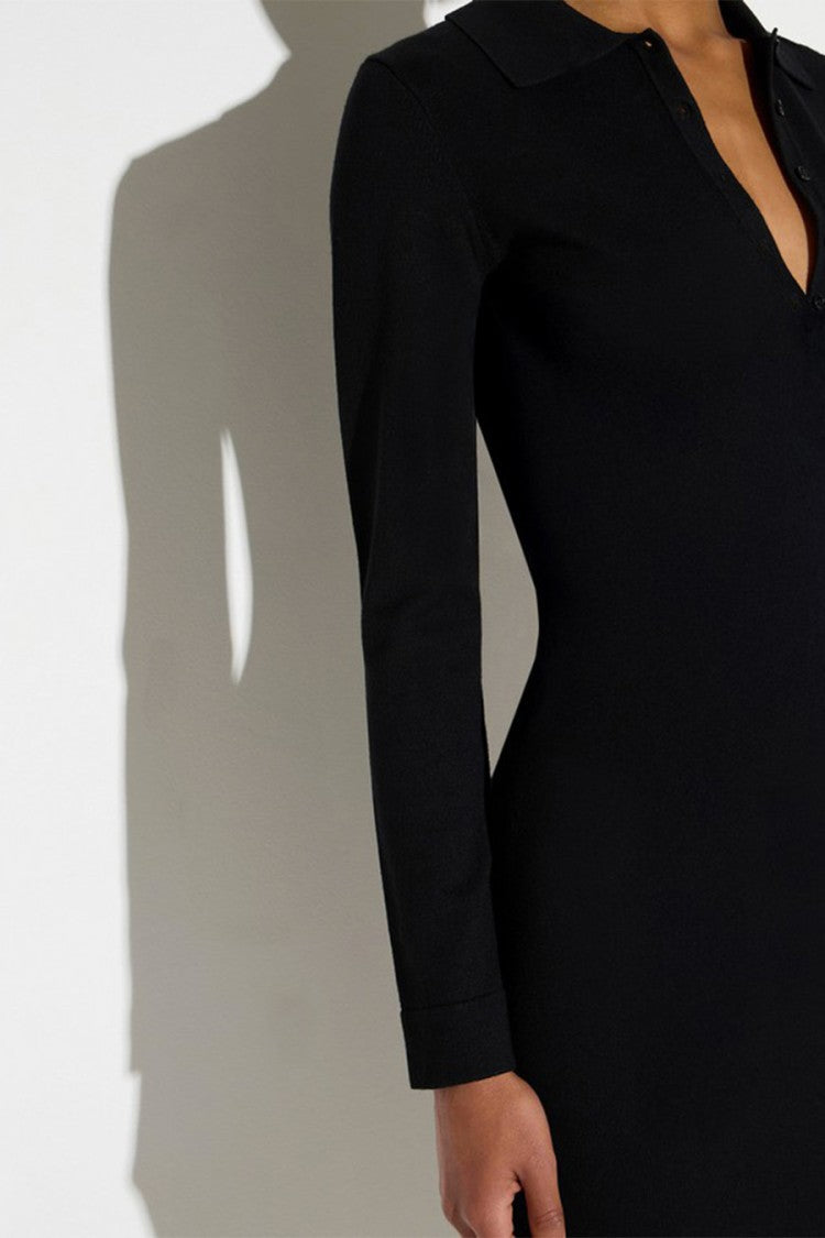 Elisabetta Franchi Black Viscose-Polyester Blend Point-Collar Polo Dress