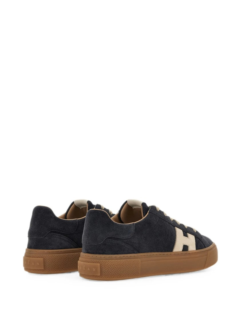 Hogan Low-Top Navy Suede Sneakers With Beige Accents And Textured Sole