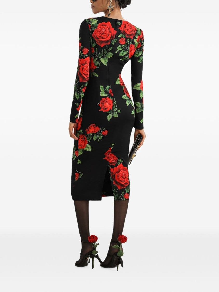 Dolce & Gabbana Fitted Signature Rose Prints Midi Dress