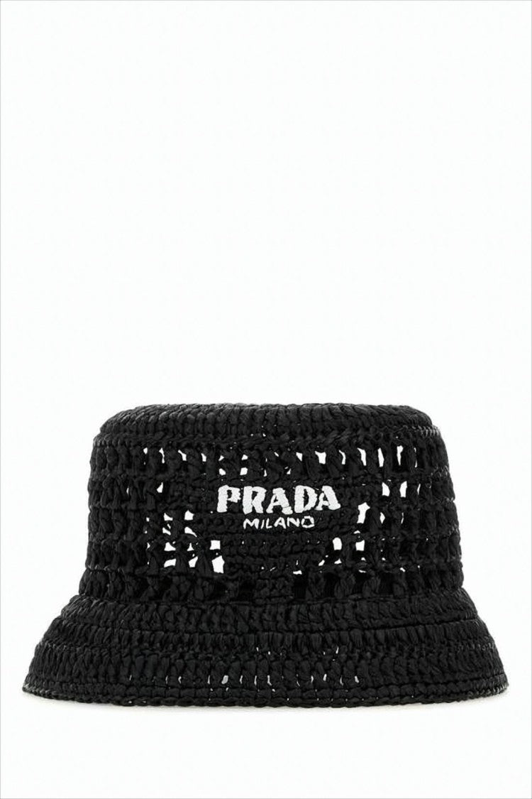 Prada Black Crochet Bucket Hat With Structured Brim And Embroidered Logo