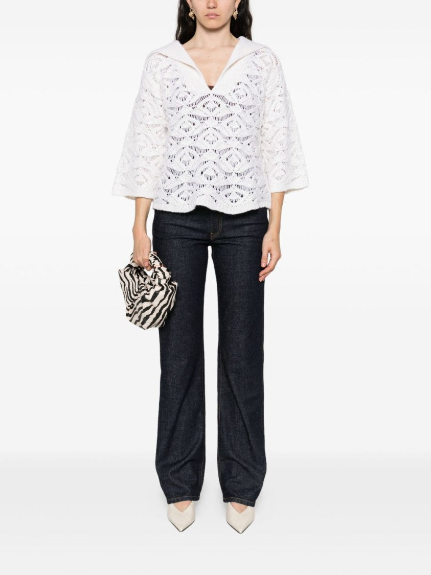Tabaroni Cashmere Openwork White Knit Top With Scalloped Hem
