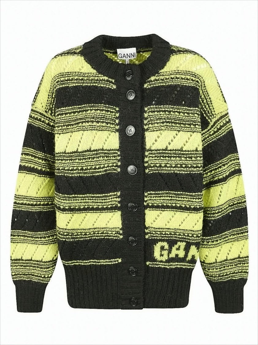 Ganni Chunky Knit Cardigan With Button-Down Front And Contrasting Stripes