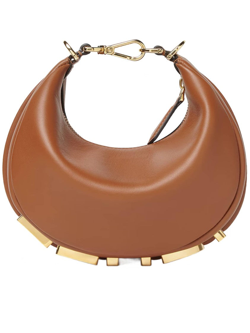 Fendi Crescent-Shaped Leather Handbag With Polished Finish And Bold Letter Embellishments