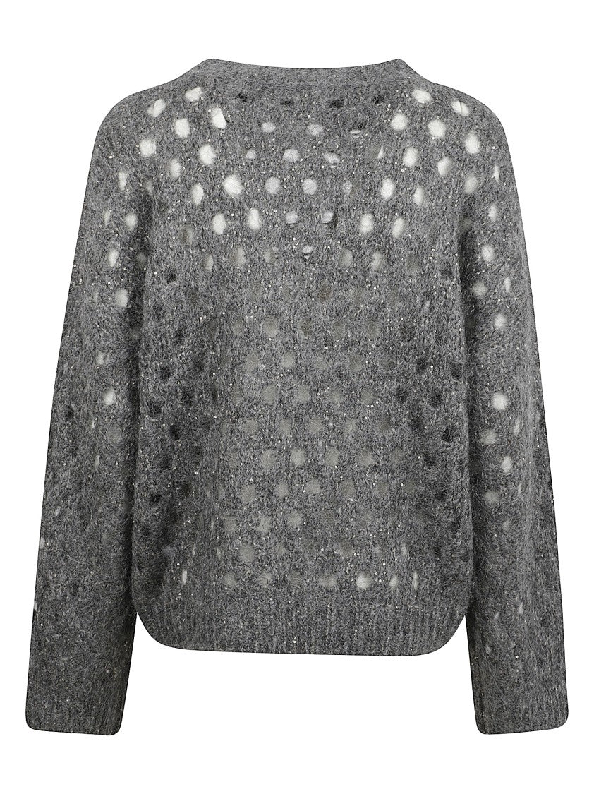 Brunello Cucinelli Dark Grey Mohair Knit Sweater With Openwork Pattern