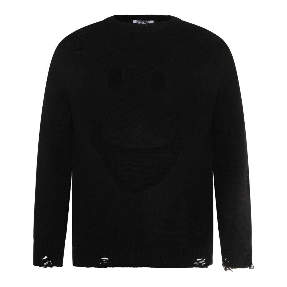 Moschino Distressed Black Sweater With Playful Smiley Design