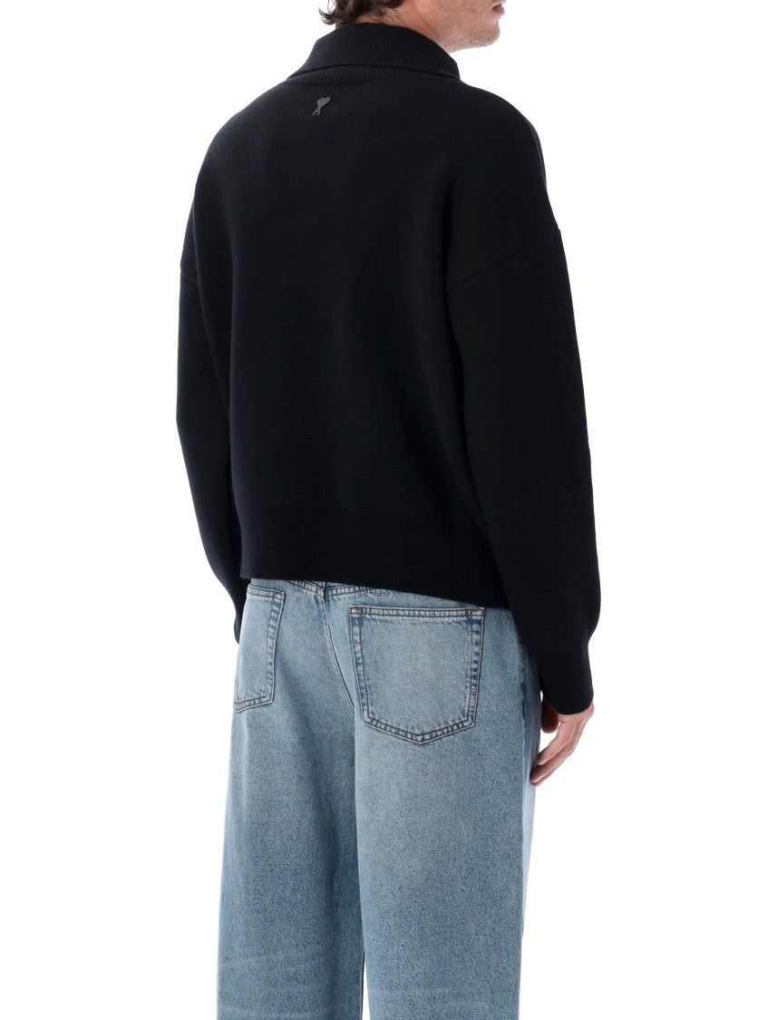 Ami Paris Interlock Knit Sweater With High Buttoned Neck And Discreet Patch