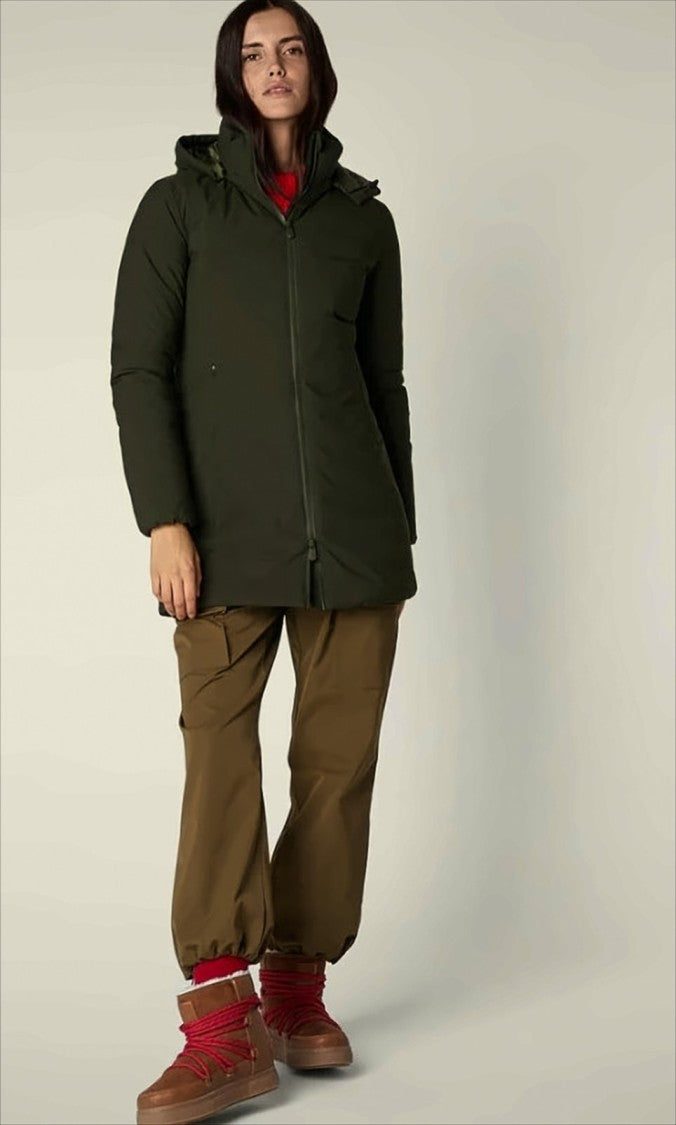 Save The Duck Streamlined Green Parka With Removable Adjustable Hood